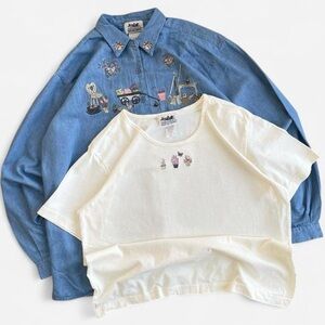 90s Northern Reflections 2pc Embroidered Flowers Gardening Button Down & Tee L